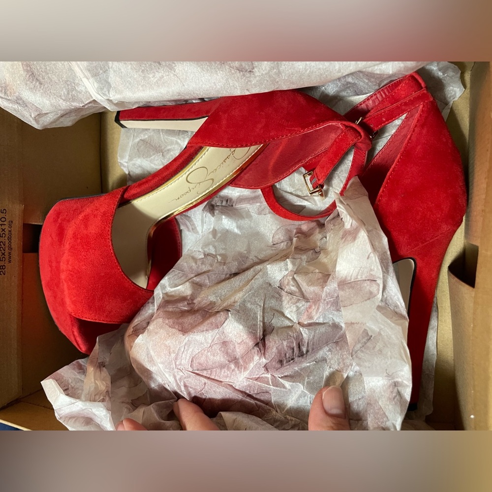 Jessica Simpson Blood Red Angle Strap Open Toe Stilettos, Red Muse Suede, Sz 6M